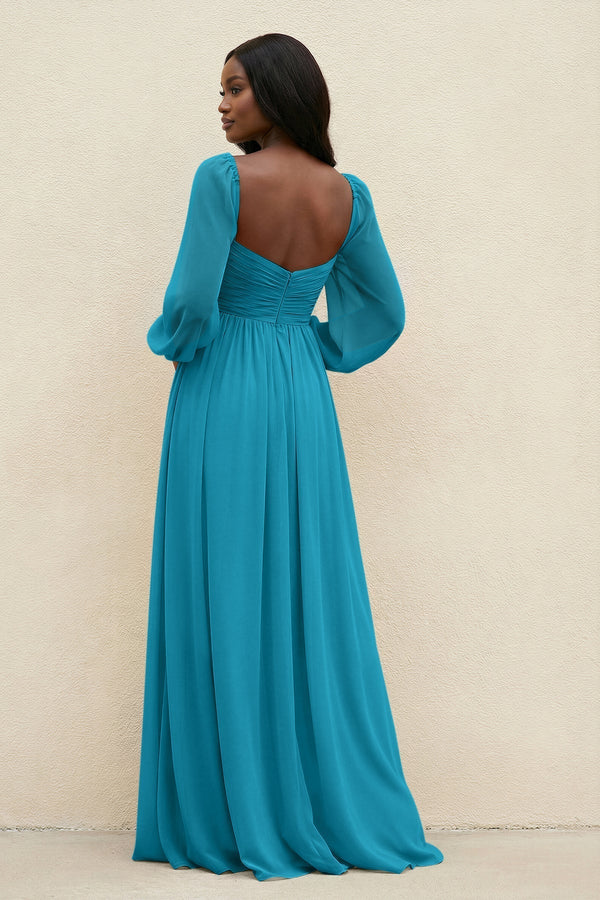 Sweetheart Long Sleeve A - Line Bridesmaid Dress in Blue Jay - KissProm Bridesmaid Dresses