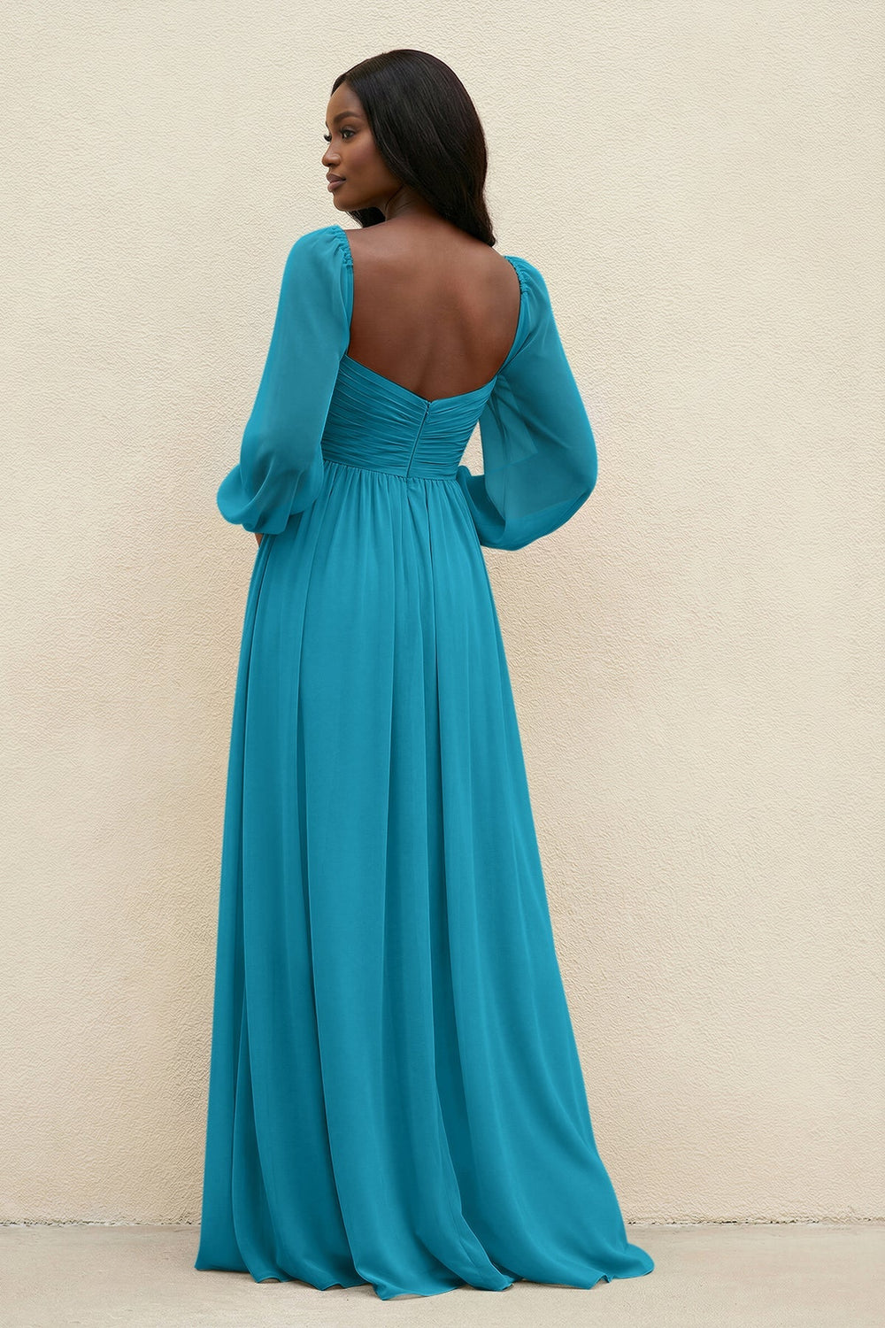 Sweetheart Long Sleeve A - Line Bridesmaid Dress in Blue Jay - KissProm Bridesmaid Dresses