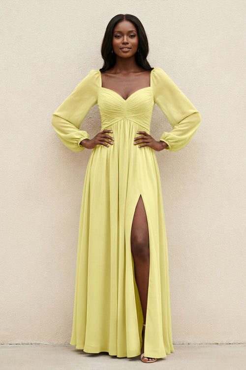 Sweetheart Long Sleeve A - Line Bridesmaid Dress in Buttercup - KissProm Bridesmaid Dresses