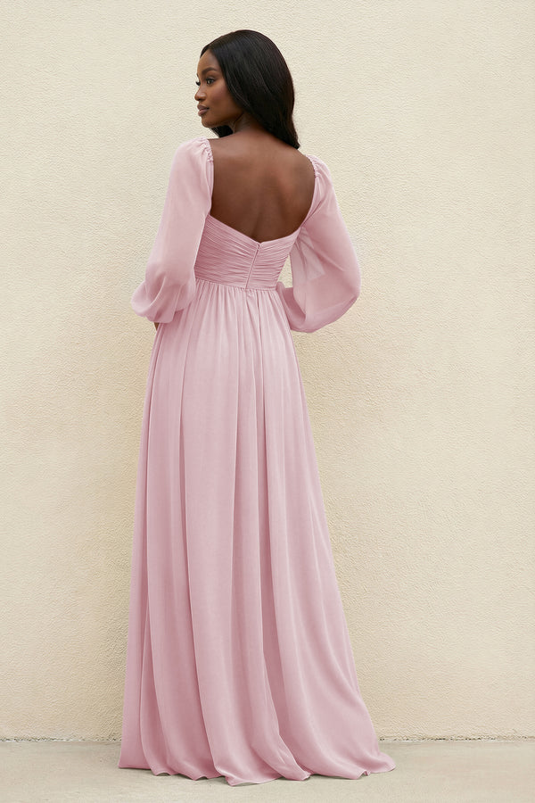 Sweetheart Long Sleeve A - Line Bridesmaid Dress in Candy Pink - KissProm Bridesmaid Dresses