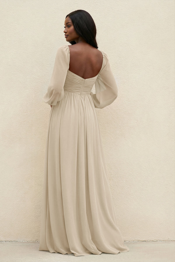 Sweetheart Long Sleeve A - Line Bridesmaid Dress in Champagne - KissProm Bridesmaid Dresses