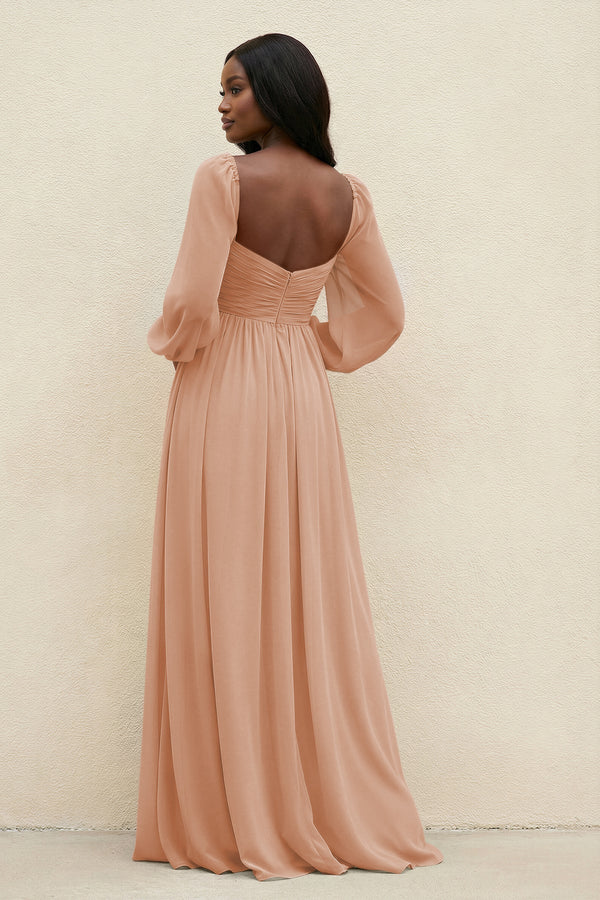 Sweetheart Long Sleeve A - Line Bridesmaid Dress in Champagne Rose - KissProm Bridesmaid Dresses