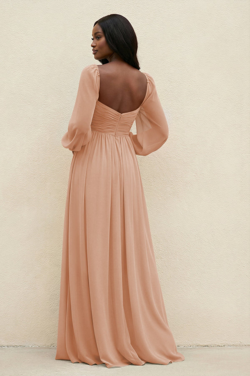 Sweetheart Long Sleeve A - Line Bridesmaid Dress in Champagne Rose - KissProm Bridesmaid Dresses