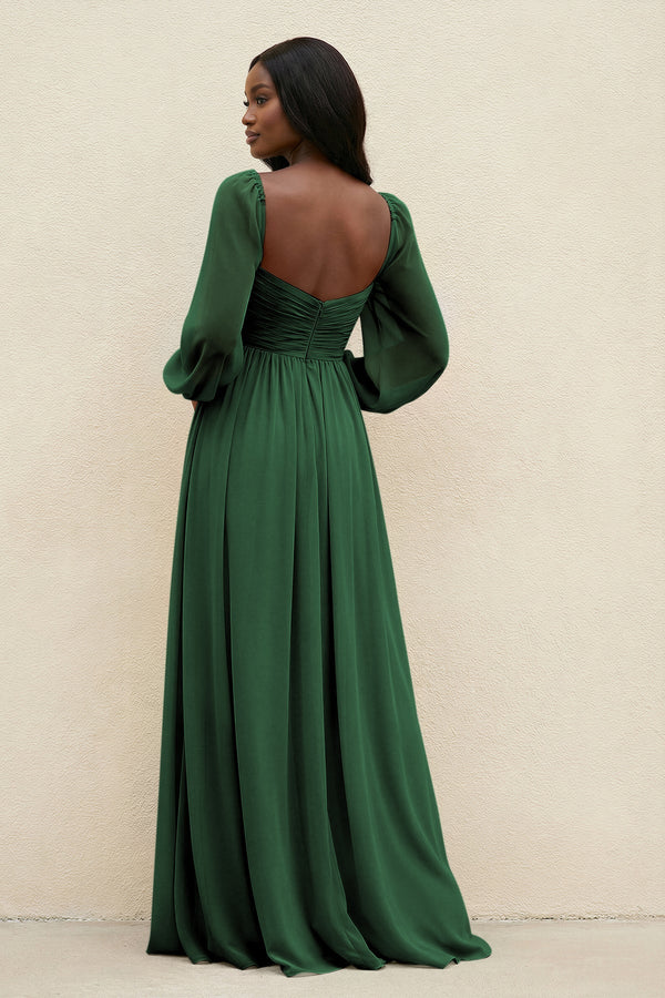 Sweetheart Long Sleeve A - Line Bridesmaid Dress in Dark Green - KissProm Bridesmaid Dresses