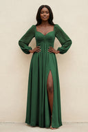 Sweetheart Long Sleeve A - Line Bridesmaid Dress in Dark Green - KissProm Bridesmaid Dresses