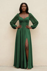 Sweetheart Long Sleeve A - Line Bridesmaid Dress in Dark Green - KissProm Bridesmaid Dresses
