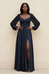 Sweetheart Long Sleeve A - Line Bridesmaid Dress in Dark Navy - KissProm Bridesmaid Dresses