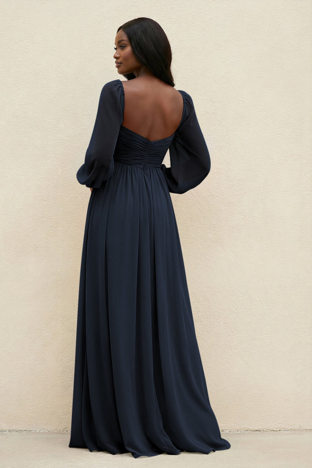 Sweetheart Long Sleeve A - Line Bridesmaid Dress in Dark Navy - KissProm Bridesmaid Dresses