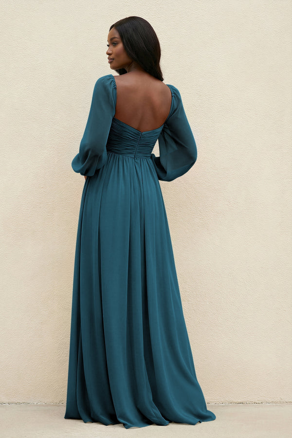 Sweetheart Long Sleeve A - Line Bridesmaid Dress in Dark Teal - KissProm Bridesmaid Dresses
