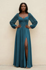 Sweetheart Long Sleeve A - Line Bridesmaid Dress in Dark Teal - KissProm Bridesmaid Dresses