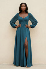 Sweetheart Long Sleeve A - Line Bridesmaid Dress in Dark Teal - KissProm Bridesmaid Dresses