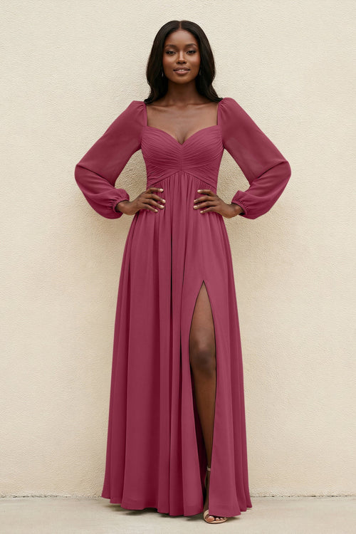 Sweetheart Long Sleeve A - Line Bridesmaid Dress in Desert Rose - KissProm Bridesmaid Dresses
