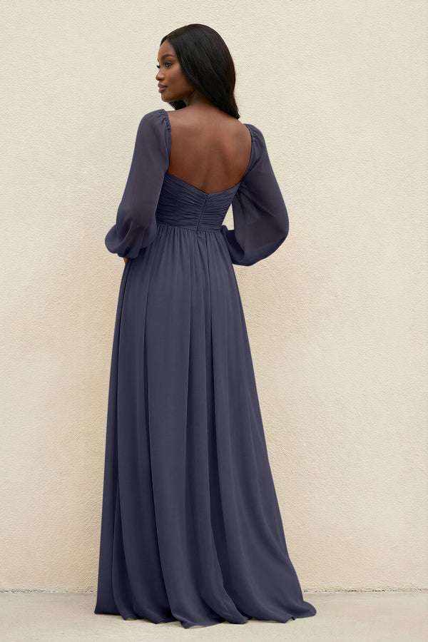 Sweetheart Long Sleeve A - Line Bridesmaid Dress in Dusk Blue - KissProm Bridesmaid Dresses