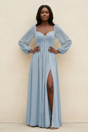 Sweetheart Long Sleeve A - Line Bridesmaid Dress in Dusty Blue - KissProm Bridesmaid Dresses