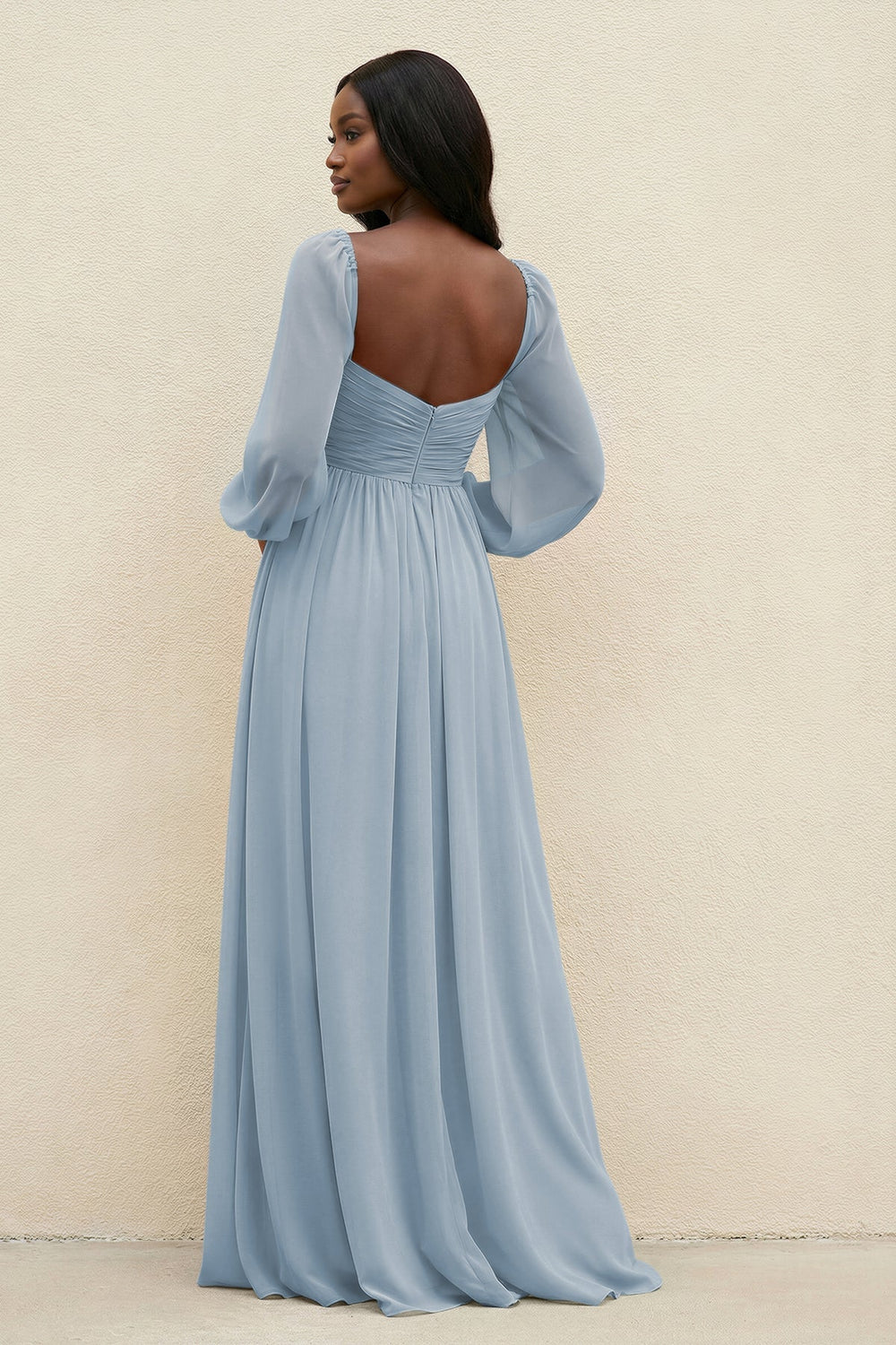 Sweetheart Long Sleeve A - Line Bridesmaid Dress in Dusty Blue - KissProm Bridesmaid Dresses