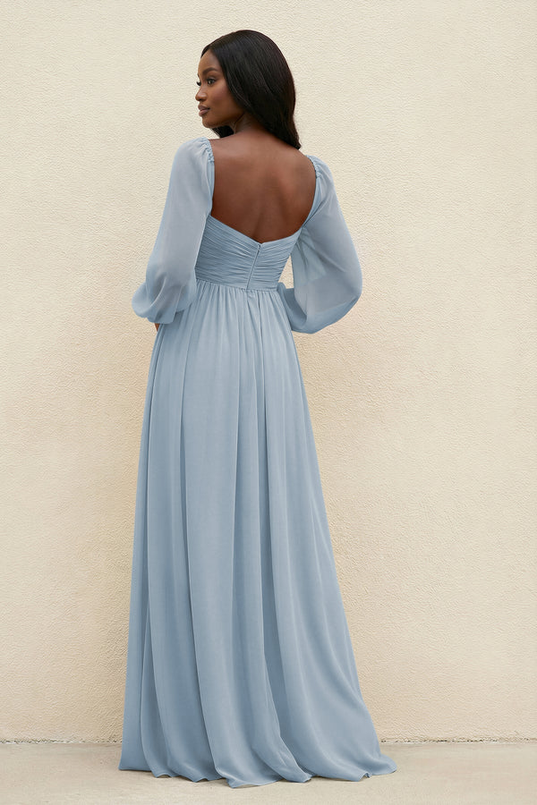 Sweetheart Long Sleeve A - Line Bridesmaid Dress in Dusty Blue - KissProm Bridesmaid Dresses