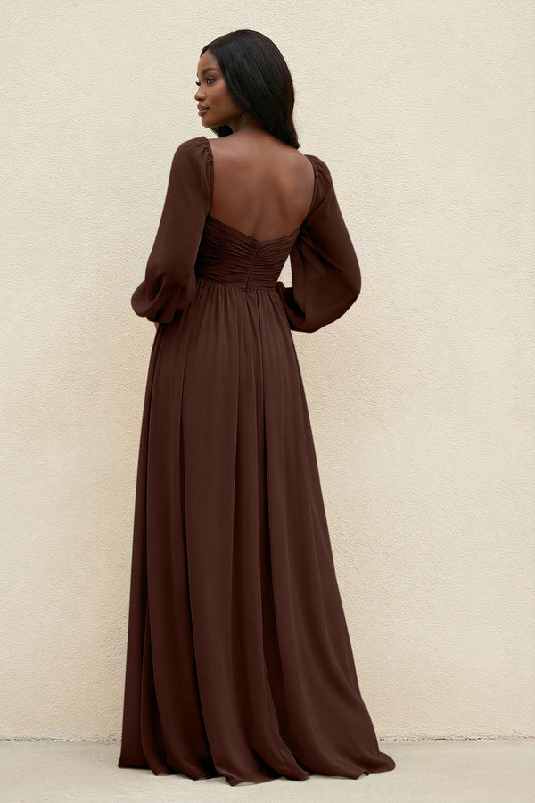 Sweetheart Long Sleeve A - Line Bridesmaid Dress in Espresso - KissProm Bridesmaid Dresses