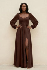 Sweetheart Long Sleeve A - Line Bridesmaid Dress in Espresso - KissProm Bridesmaid Dresses