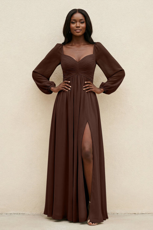 Sweetheart Long Sleeve A - Line Bridesmaid Dress in Espresso - KissProm Bridesmaid Dresses