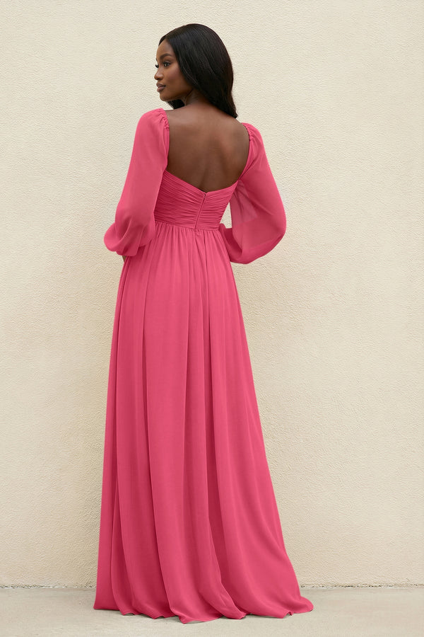 Sweetheart Long Sleeve A - Line Bridesmaid Dress in Fuchsia - KissProm Bridesmaid Dresses