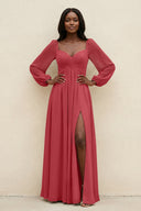 Sweetheart Long Sleeve A - Line Bridesmaid Dress in Merlot - KissProm Bridesmaid Dresses