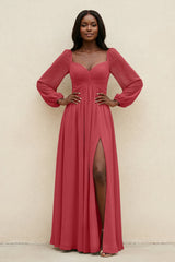 Sweetheart Long Sleeve A - Line Bridesmaid Dress in Merlot - KissProm Bridesmaid Dresses