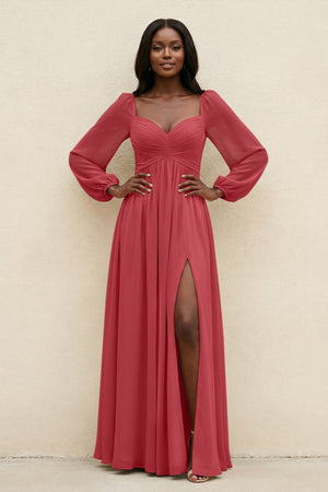 Sweetheart Long Sleeve A - Line Bridesmaid Dress in Merlot - KissProm Bridesmaid Dresses