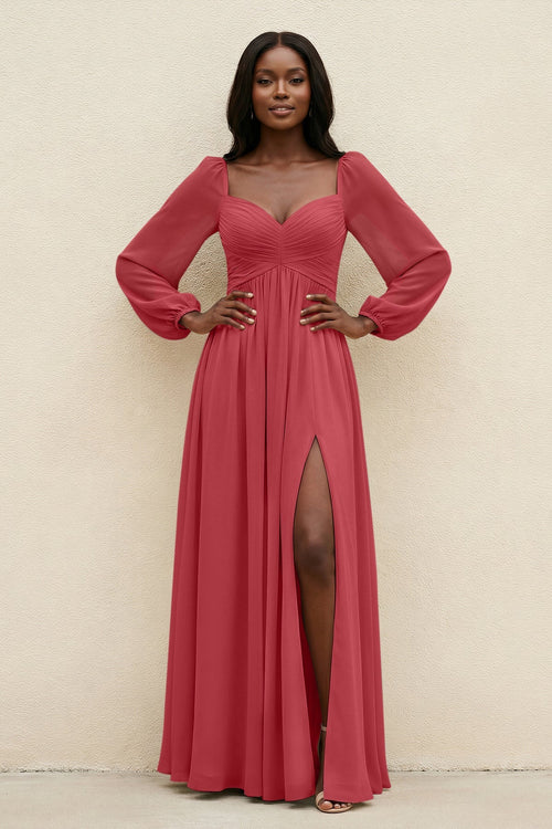Sweetheart Long Sleeve A - Line Bridesmaid Dress in Merlot - KissProm Bridesmaid Dresses