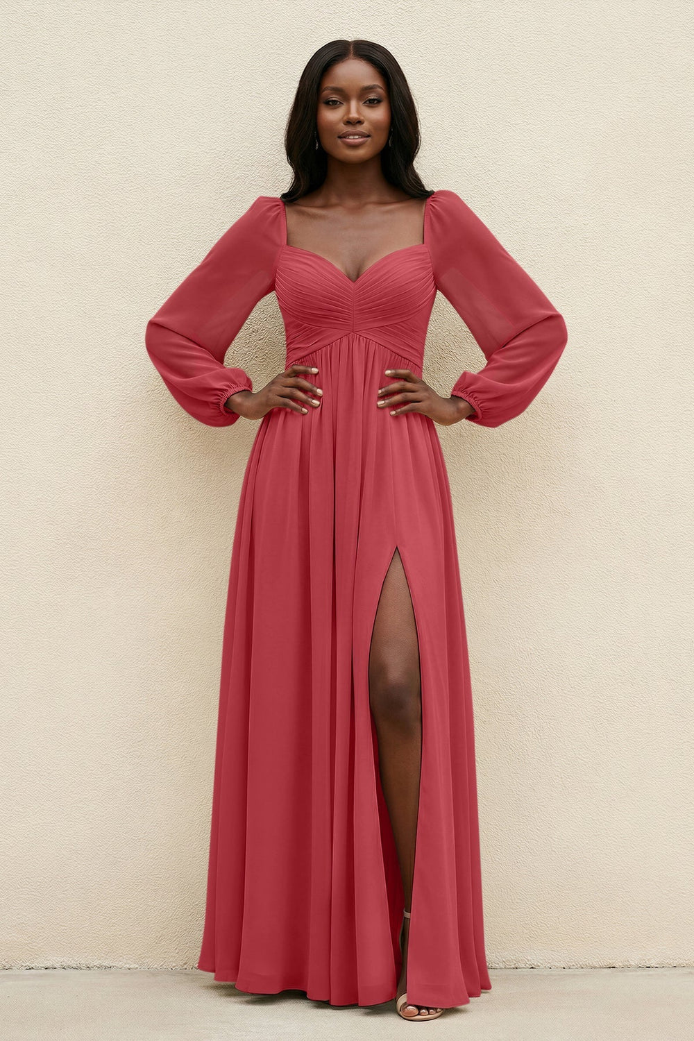 Sweetheart Long Sleeve A - Line Bridesmaid Dress in Merlot - KissProm Bridesmaid Dresses