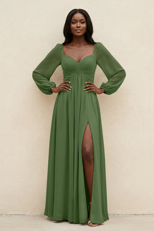 Sweetheart Long Sleeve A - Line Bridesmaid Dress in Moss - KissProm Bridesmaid Dresses