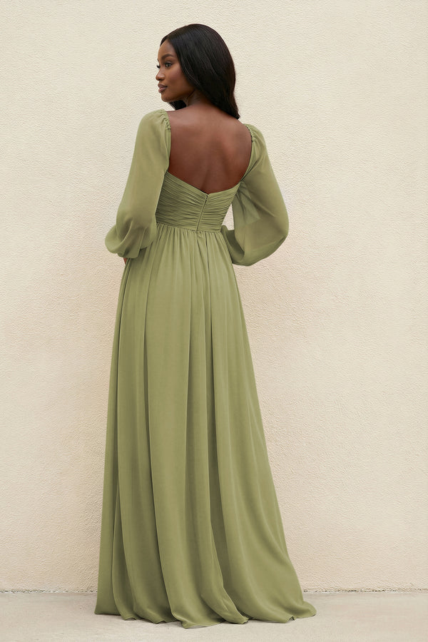 Sweetheart Long Sleeve A - Line Bridesmaid Dress in Moss Green - KissProm Bridesmaid Dresses