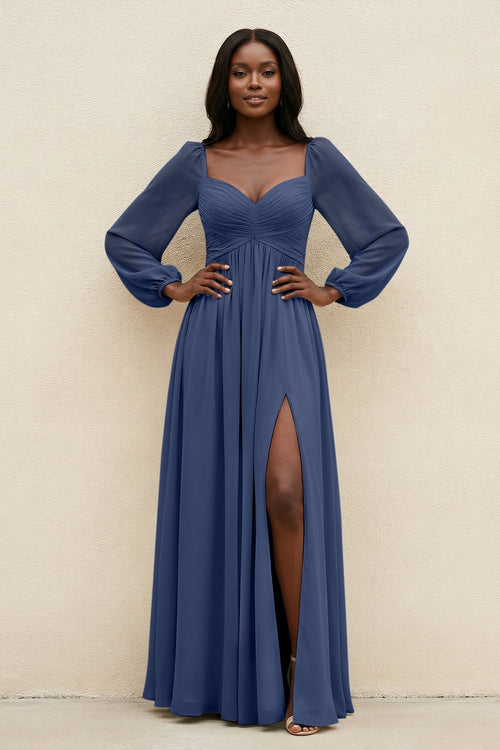Sweetheart Long Sleeve A - Line Bridesmaid Dress in Navy - KissProm Bridesmaid Dresses