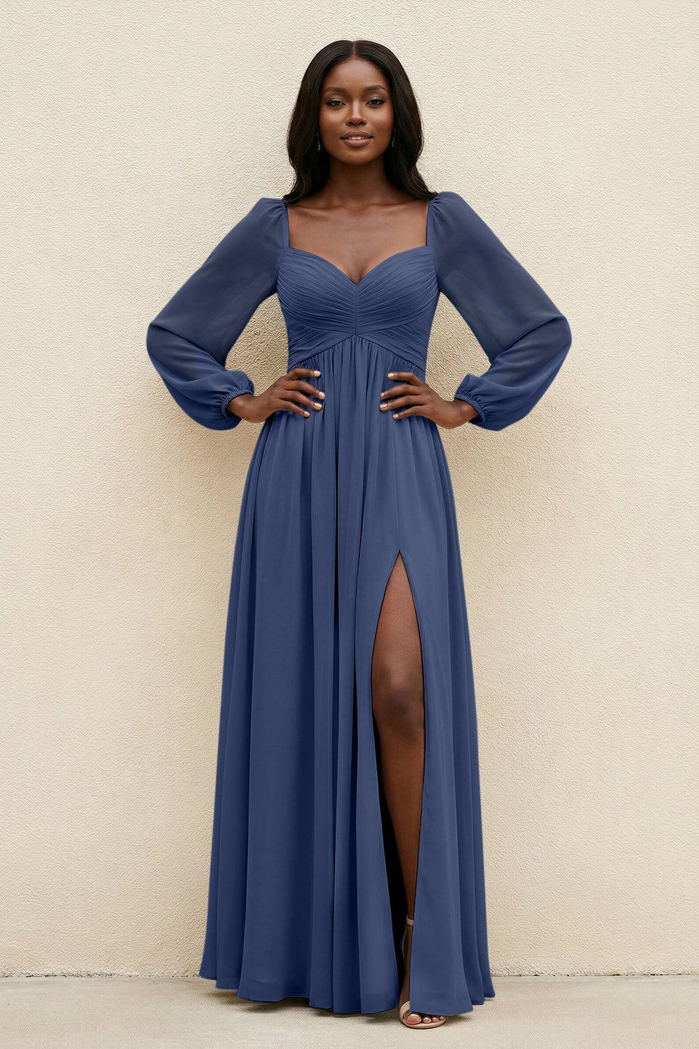 Sweetheart Long Sleeve A - Line Bridesmaid Dress in Navy - KissProm Bridesmaid Dresses