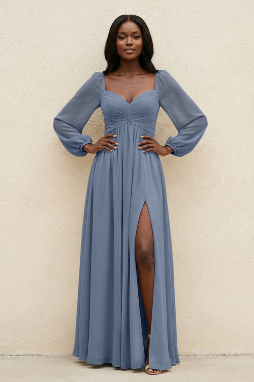 Sweetheart Long Sleeve A - Line Bridesmaid Dress in Neptune - KissProm Bridesmaid Dresses