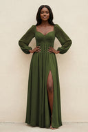 Sweetheart Long Sleeve A - Line Bridesmaid Dress in Olive - KissProm Bridesmaid Dresses