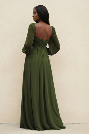 Sweetheart Long Sleeve A - Line Bridesmaid Dress in Olive - KissProm Bridesmaid Dresses