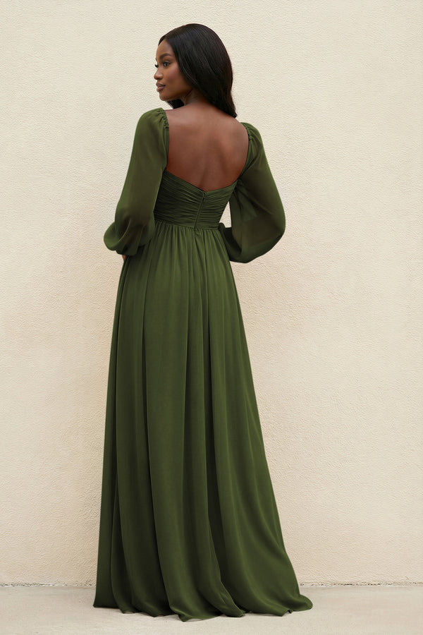 Sweetheart Long Sleeve A - Line Bridesmaid Dress in Olive - KissProm Bridesmaid Dresses