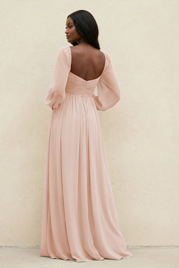 Sweetheart Long Sleeve A - Line Bridesmaid Dress in Pale Blush - KissProm Bridesmaid Dresses