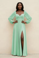 Sweetheart Long Sleeve A - Line Bridesmaid Dress in Pale Pistachio - KissProm Bridesmaid Dresses