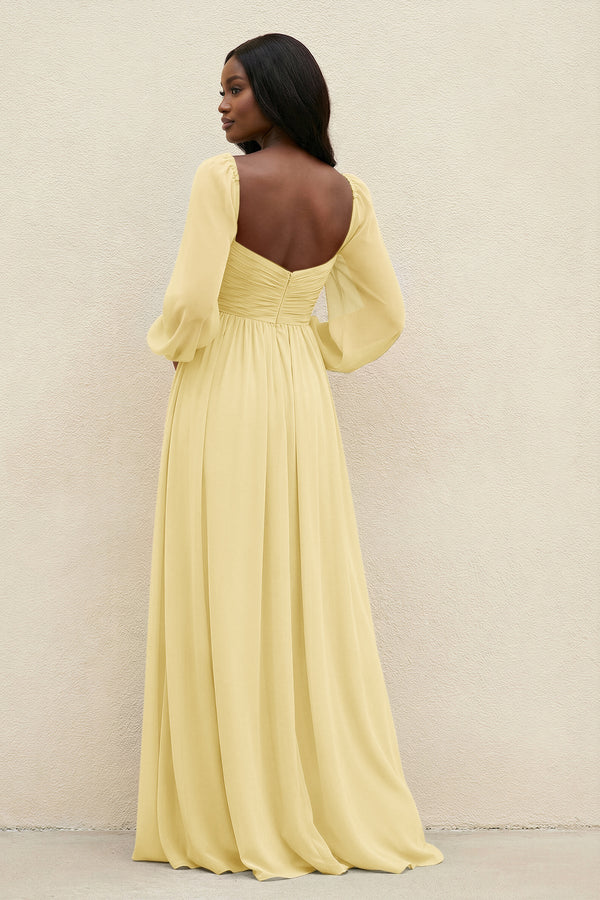 Sweetheart Long Sleeve A - Line Bridesmaid Dress in Pastel Yellow - KissProm Bridesmaid Dresses