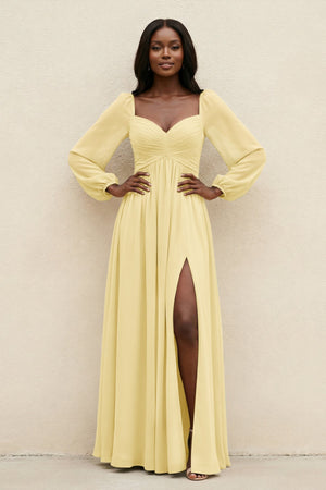Sweetheart Long Sleeve A - Line Bridesmaid Dress in Pastel Yellow - KissProm Bridesmaid Dresses
