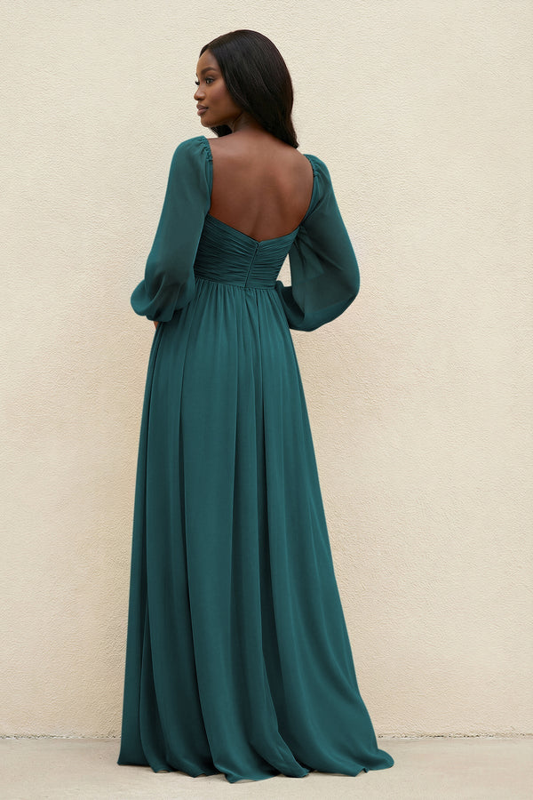 Sweetheart Long Sleeve A - Line Bridesmaid Dress in Pine - KissProm Bridesmaid Dresses