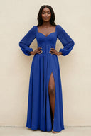 Sweetheart Long Sleeve A - Line Bridesmaid Dress in Royal Blue - KissProm Bridesmaid Dresses