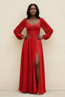 Sweetheart Long Sleeve A - Line Bridesmaid Dress in Ruby Red - KissProm Bridesmaid Dresses
