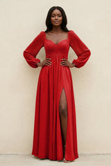 Sweetheart Long Sleeve A - Line Bridesmaid Dress in Ruby Red - KissProm Bridesmaid Dresses