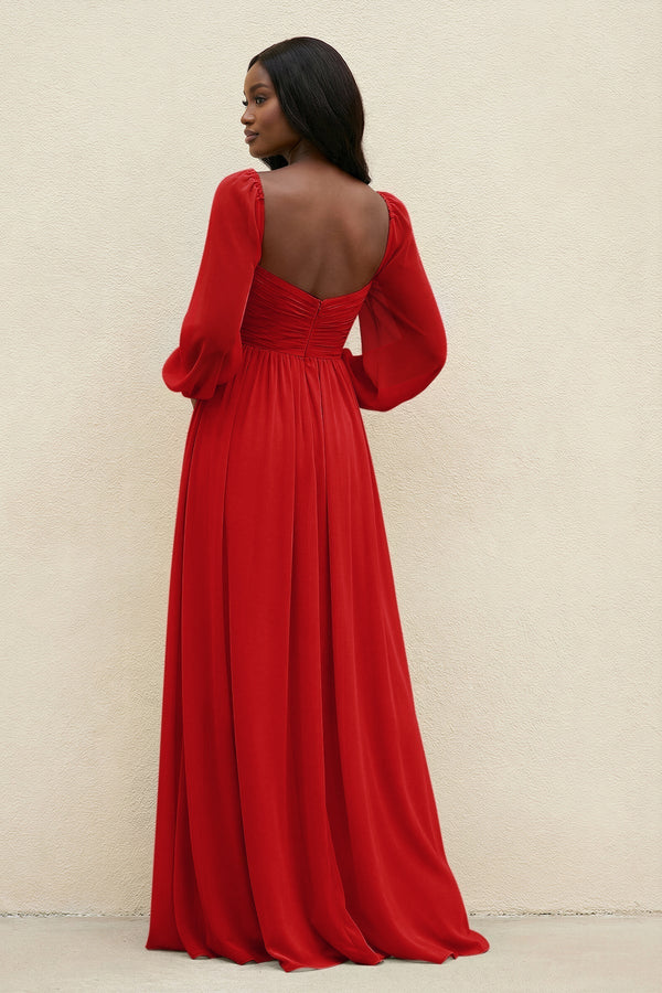 Sweetheart Long Sleeve A - Line Bridesmaid Dress in Ruby Red - KissProm Bridesmaid Dresses