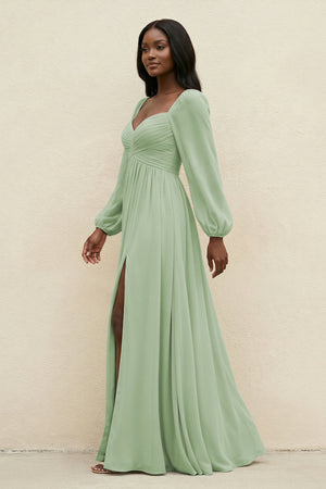 Sweetheart Long Sleeve A - Line Bridesmaid Dress in Sage - KissProm Bridesmaid Dresses