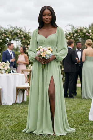 Sweetheart Long Sleeve A - Line Bridesmaid Dress in Sage - KissProm Bridesmaid Dresses