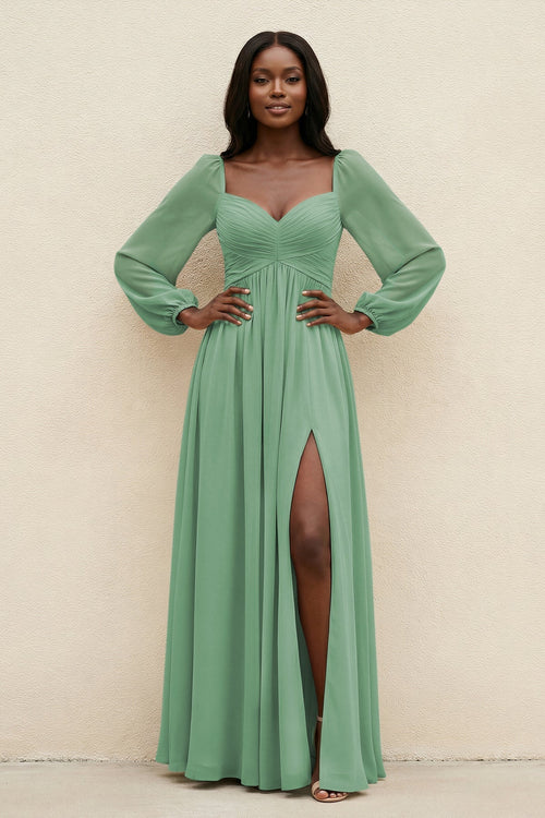 Sweetheart Long Sleeve A - Line Bridesmaid Dress in Sea Glass - KissProm Bridesmaid Dresses