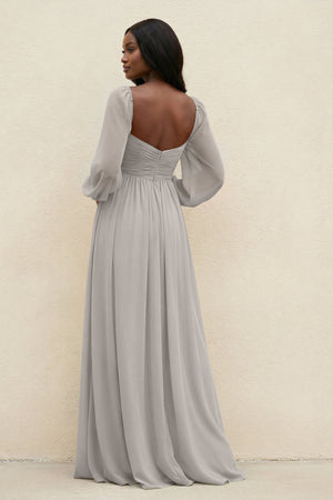Sweetheart Long Sleeve A - Line Bridesmaid Dress in Silver - KissProm Bridesmaid Dresses